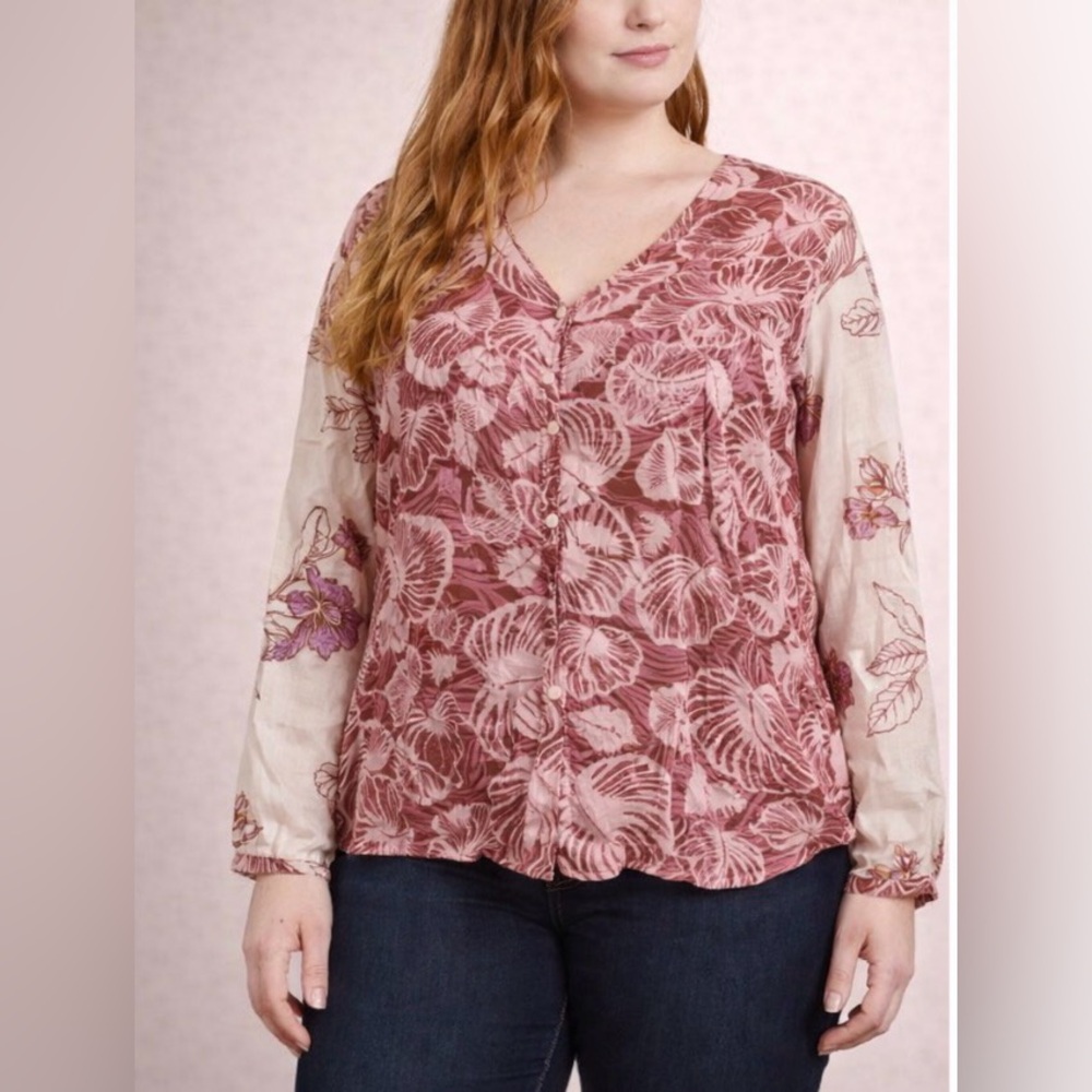 Tahari 100% Linen Tropical Floral Button Down Blouse Size L Lightweight V-Neck